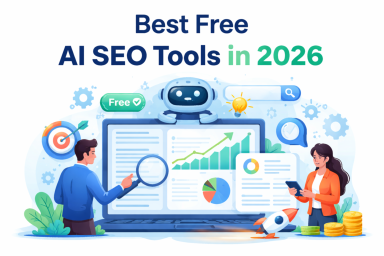 Free AI SEO tools 2026 dashboard illustration showing keyword analysis, rankings growth charts, backlink metrics, and AI optimization workflow.