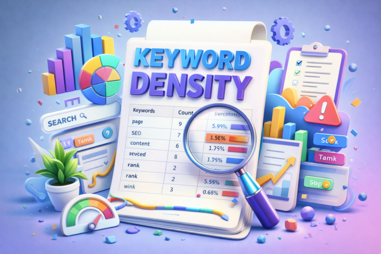 3D illustration showing keyword density analysis with charts, percentages, and a magnifying glass highlighting keyword usage in SEO content.