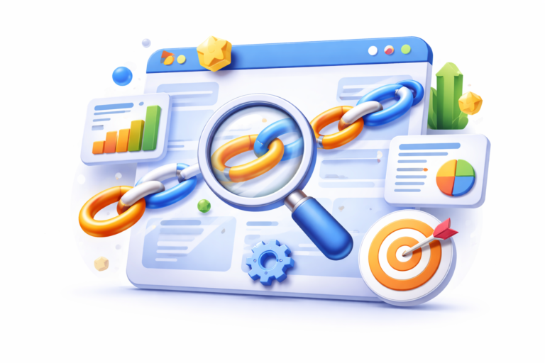 “Backlink analysis concept showing website links and SEO evaluation”