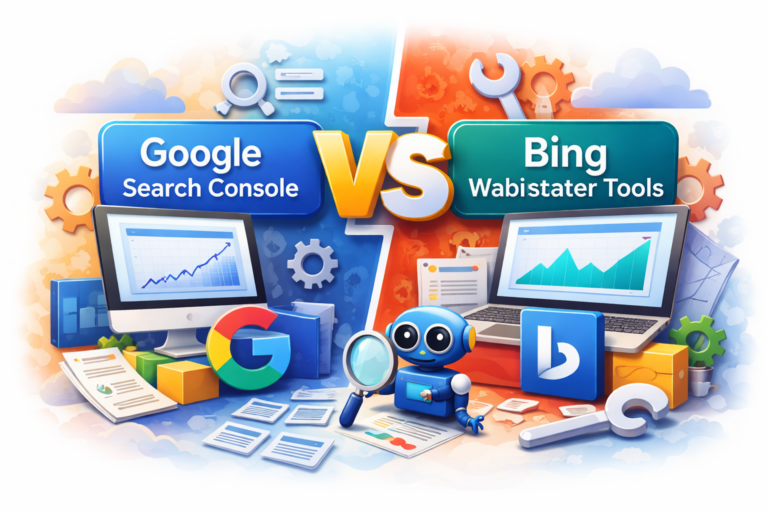 Google Search Console vs Bing Webmaster Tools comparison showing SEO dashboards and performance charts in 2026