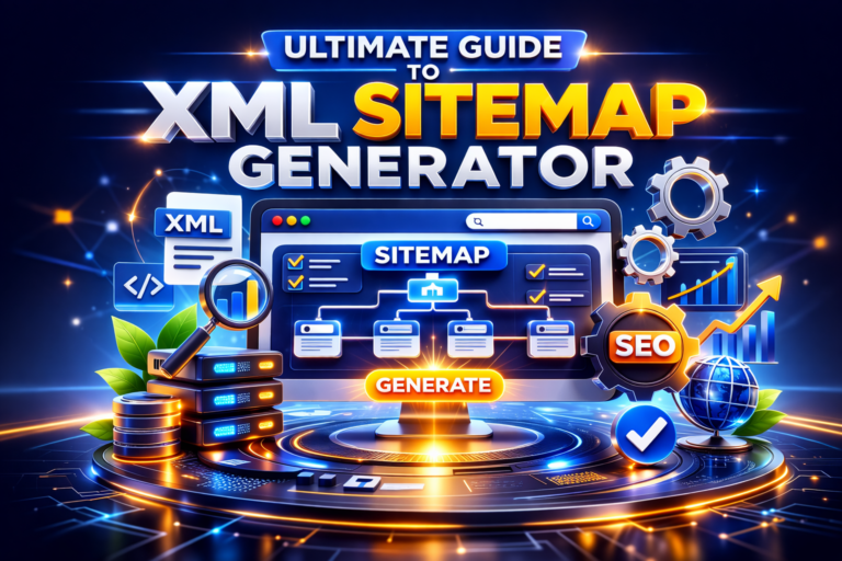 3D illustration of XML sitemap generator dashboard showing website structure, indexing flow, and SEO optimization elements