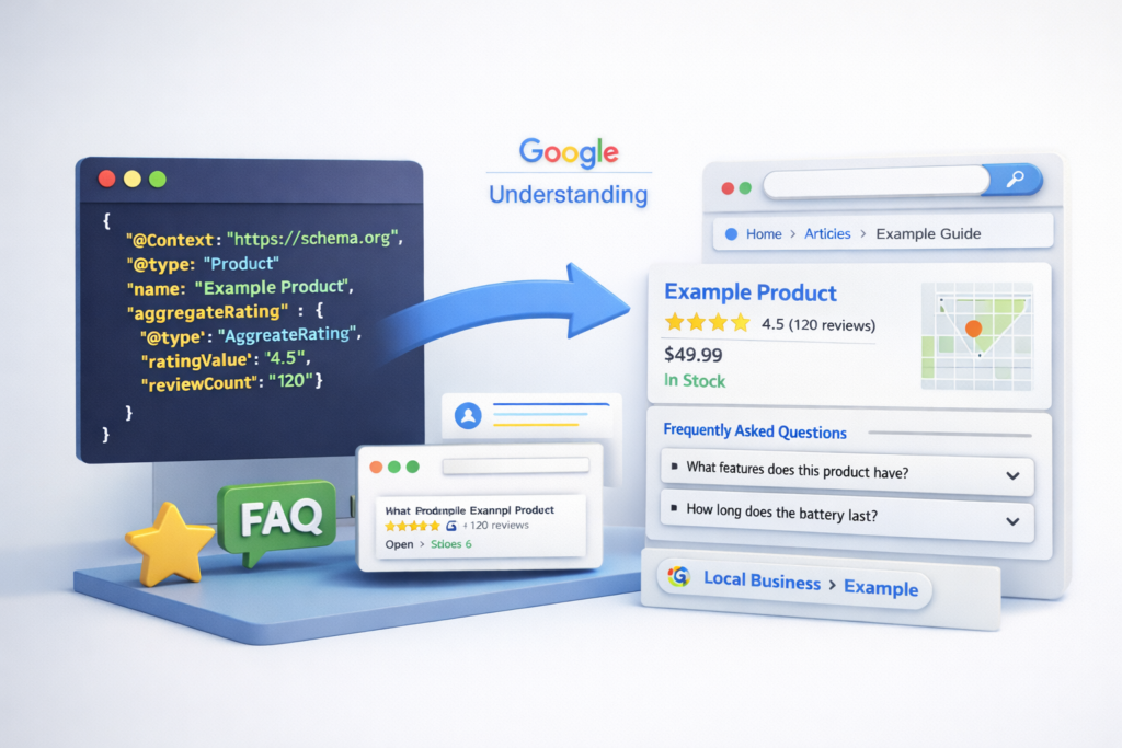 “3D illustration showing JSON-LD structured data code on the left connected to a Google search result with rich results, breadcrumbs, FAQ, and review stars.” structured data schema markup