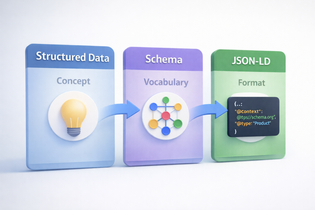 “3D diagram comparing Structured Data (concept), Schema (vocabulary), and JSON-LD (format) with arrows connecting the three.” structured data schema markup