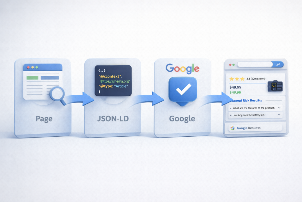 “Visual workflow showing a webpage, JSON-LD structured data, Google crawling and validation, and the final rich search results.” structured data schema markup