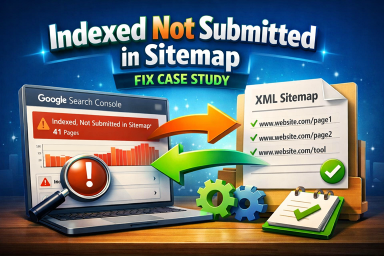 3D illustration showing Google Search Console Coverage report with “indexed not submitted in sitemap” connected to an XML sitemap cleanup workflow