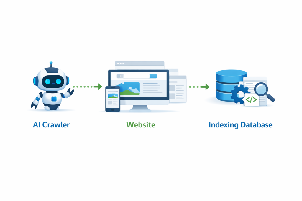 AI crawl optimization diagram showing crawler discovering website pages and sending them to indexing database