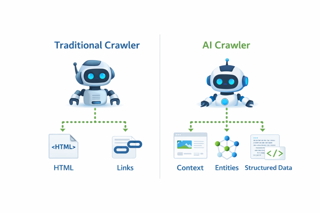 comparison diagram showing difference between traditional crawler and AI crawler analysis methods