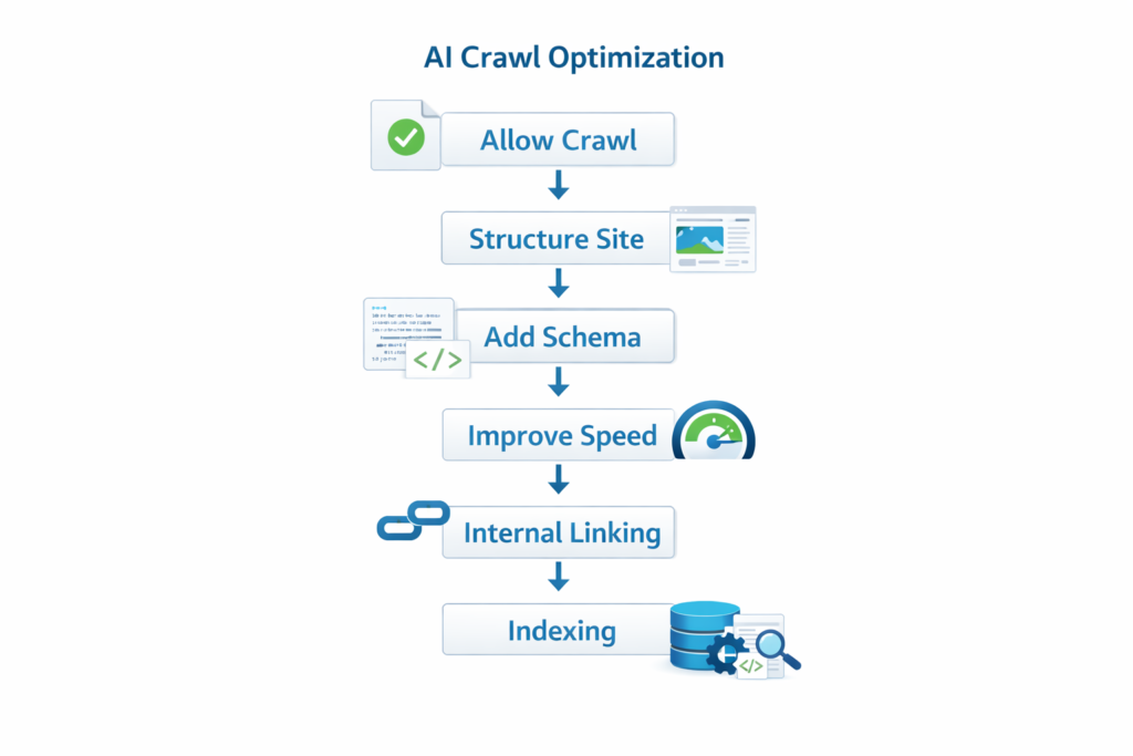 flowchart showing AI crawl optimization steps including crawl access, structure, schema, speed, linking, and indexing