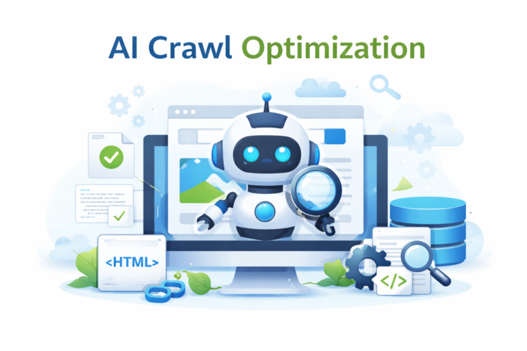 3D illustration showing AI crawl optimization with AI bot analyzing website content for indexing