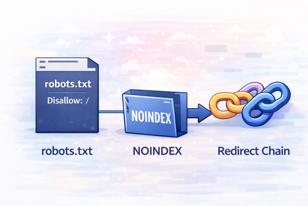 Illustration of robots.txt noindex and redirect issues blocking backlinks
