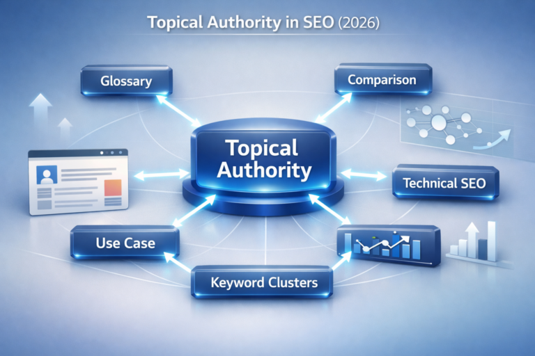 “Topical authority in SEO visual showing a pillar page connected to supporting content via internal links.”
