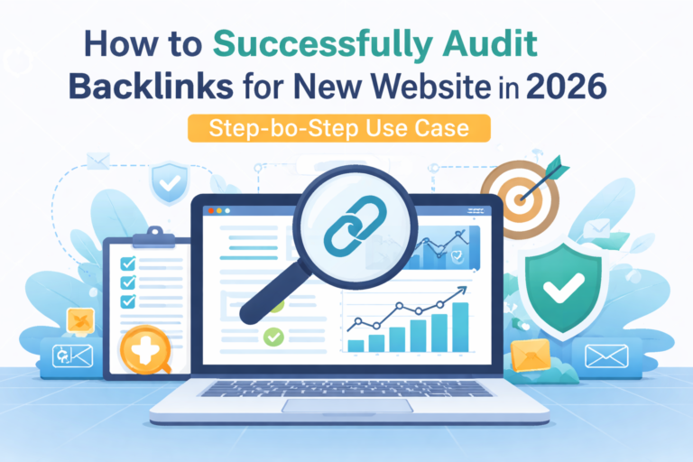 Professional illustration showing how to audit backlinks for a new website using a backlink analysis dashboard with checklist, magnifying glass, and performance charts.
