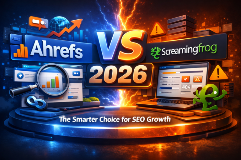 “3D visual comparison of Ahrefs vs Screaming Frog 2026 showing backlink analytics on one screen and technical SEO crawling on the other, separated by a VS 2026 design.”