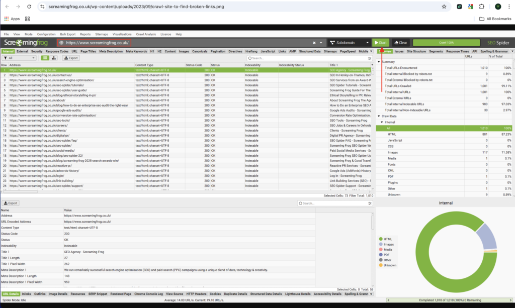 Screaming Frog vs Sitebulb comparison showing Screaming Frog crawl dashboard results
