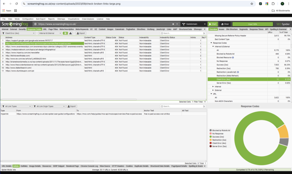 Screaming Frog report detecting broken links and crawl errors