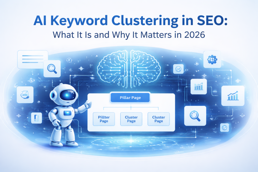 AI keyword clustering architecture diagram showing pillar page connected to intent-based cluster pages for SEO structure.
