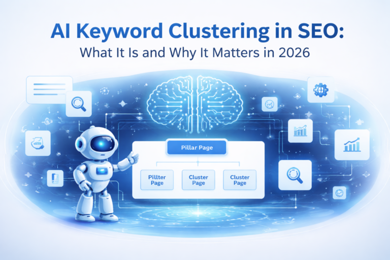AI keyword clustering architecture diagram showing pillar page connected to intent-based cluster pages for SEO structure.
