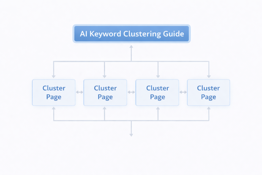 Internal linking flow diagram showing pillar page and supporting cluster pages in AI keyword clustering SEO structure.