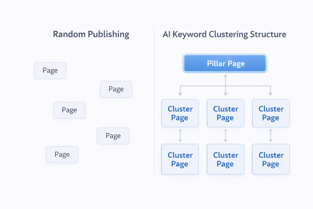 Comparison diagram showing random content structure versus an AI keyword clustering structured pillar-and-cluster model.