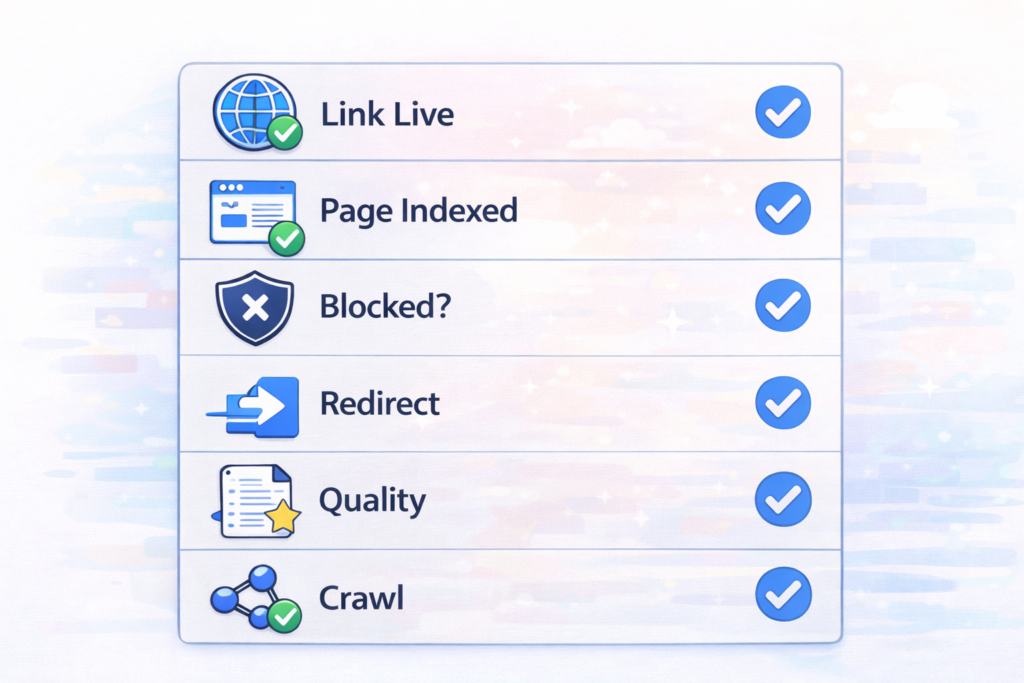 why backlinks not indexed, Checklist showing steps to verify backlinks are indexed