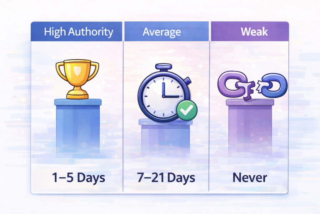 Chart comparing backlink indexing time by site authority