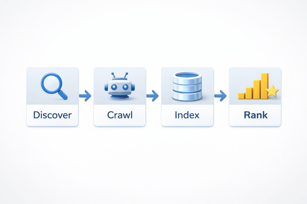 diagram showing discover crawl index rank process in Google