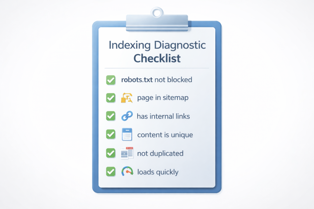 SEO checklist to diagnose why a page is not indexed by Google