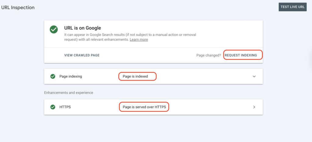 request indexing button in Google Search Console URL inspection