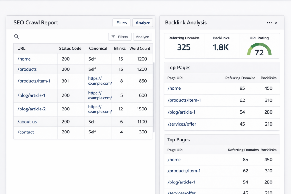 Use Screaming Frog with Ahrefs. example of screaming frog crawl report and ahrefs backlink analysis dashboard