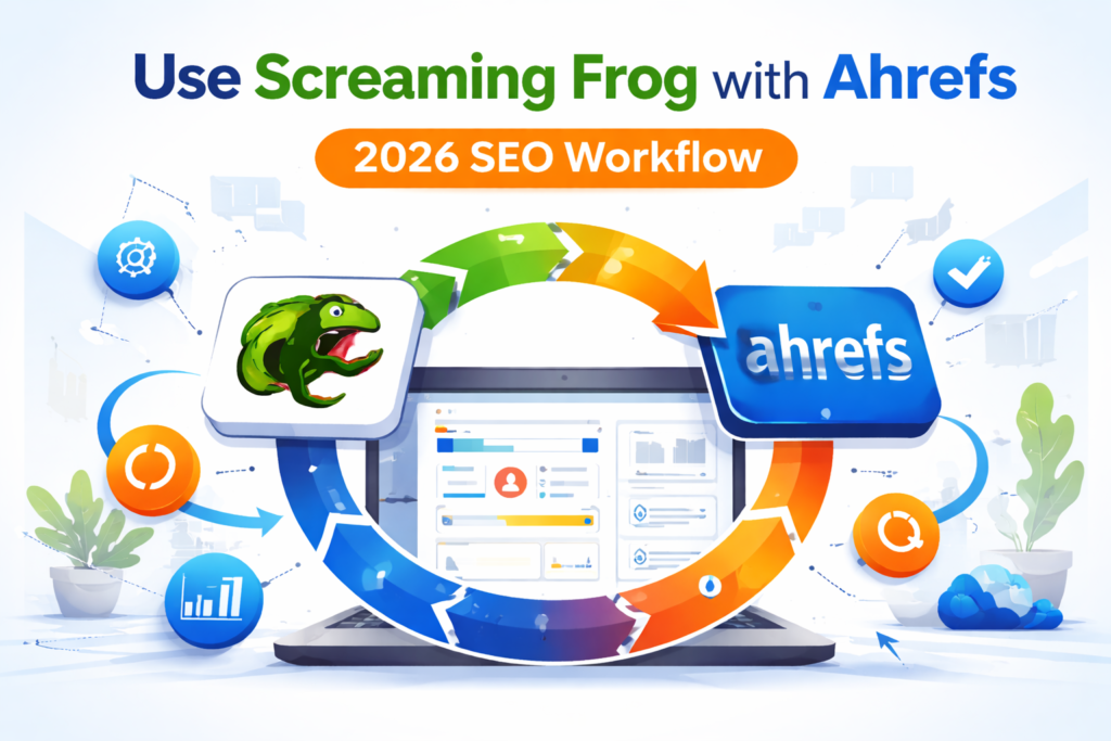 Use Screaming Frog with Ahrefs technical SEO workflow showing green Screaming Frog logo and blue Ahrefs logo connected in a 2026 ranking process