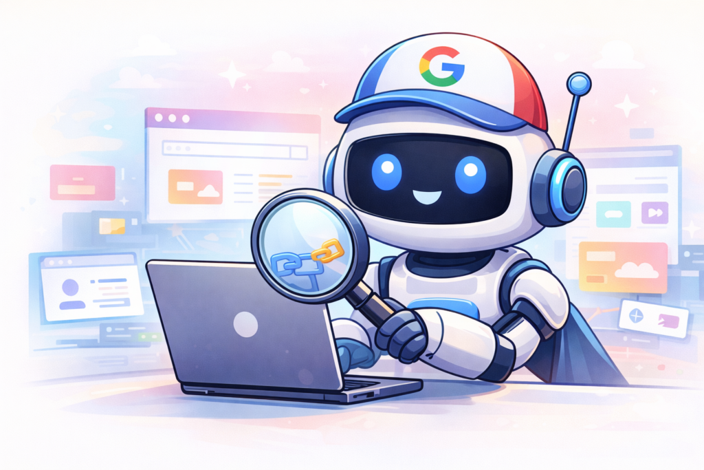 Why Backlinks Not Indexed. Google bot analyzing backlinks on webpage to check indexing status