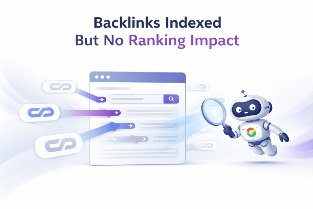 backlinks indexed but no ranking impact SEO concept diagram