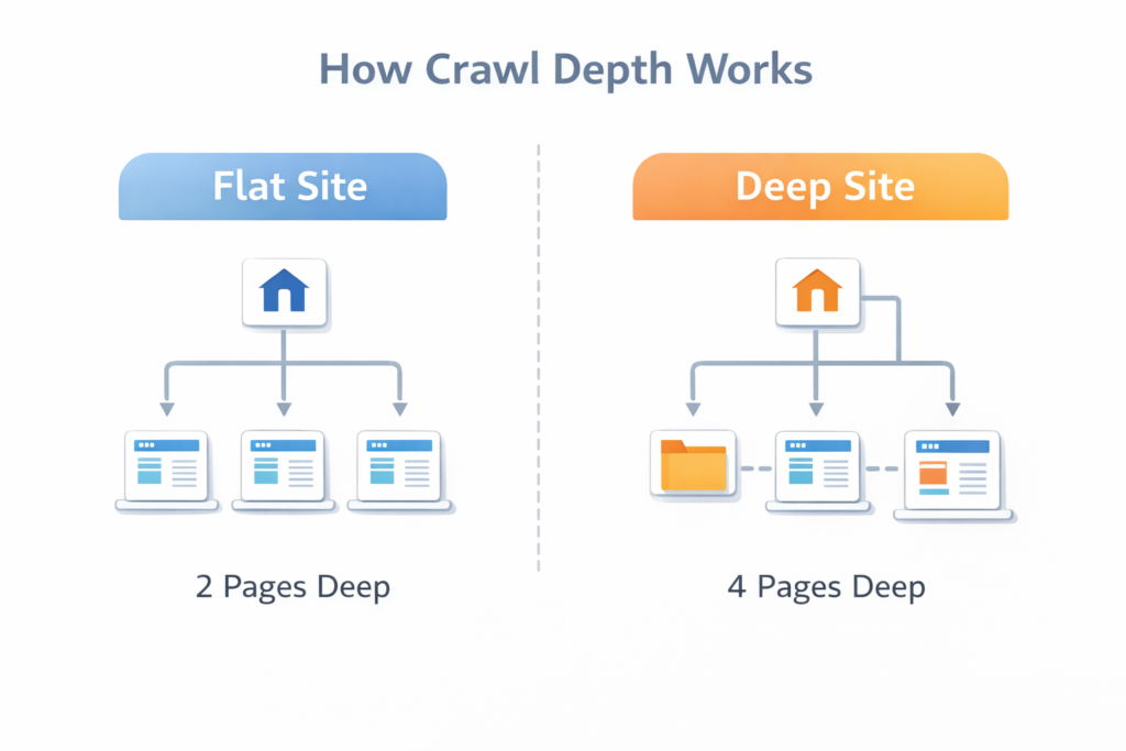 reduce crawl depth flat vs deep website structure seo diagram