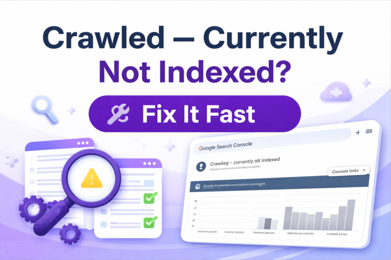 Crawled – Currently Not Indexed issue in Google Search Console with indexing fix concept