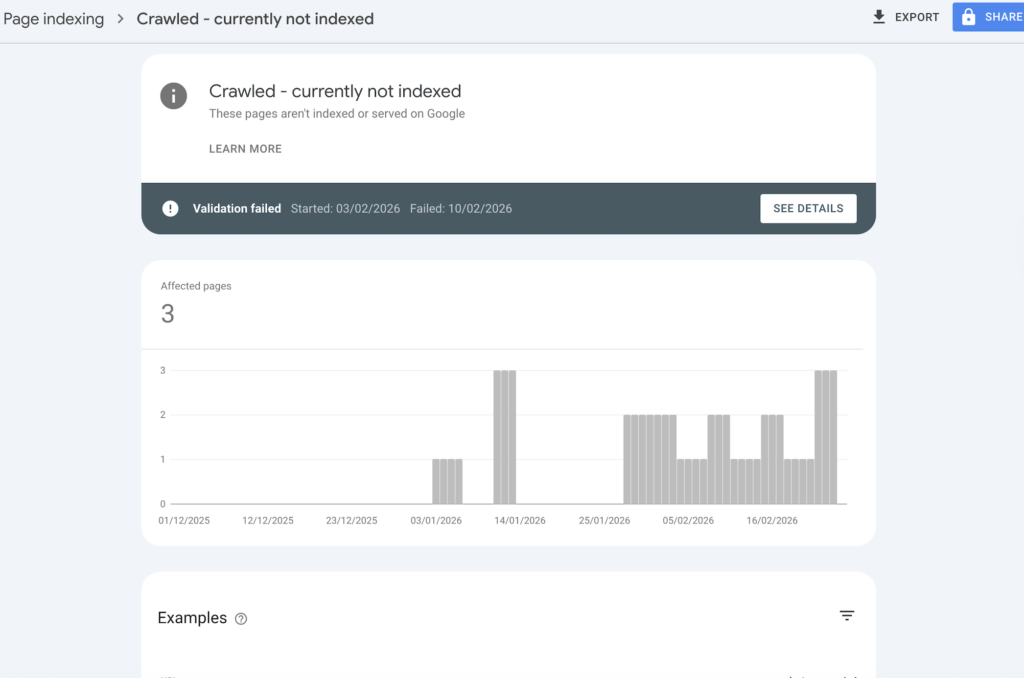 Google Search Console Crawled – Currently Not Indexed status report