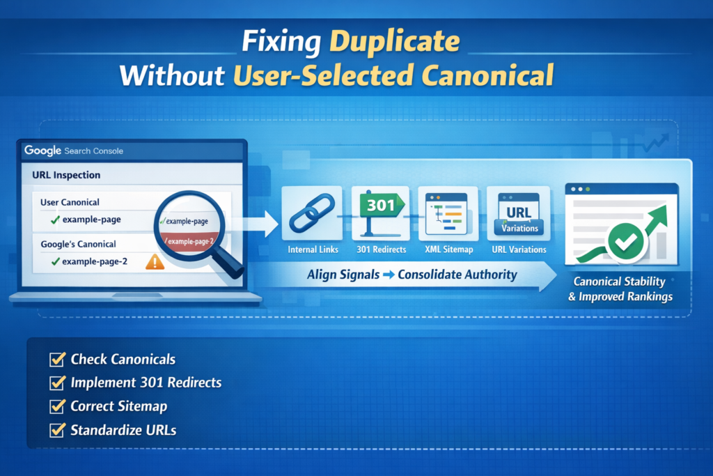 duplicate without user selected canonical example showing multiple URLs pointing to one canonical page selected by Google.duplicate without user-selected canonical