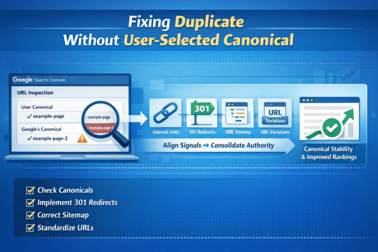 duplicate without user selected canonical example showing multiple URLs pointing to one canonical page selected by Google