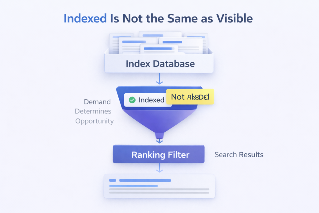 google index vs ranking explanation for page indexed but no impressions