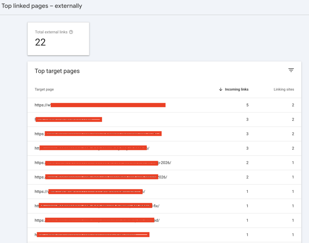 google search console backlinks report showing external links data