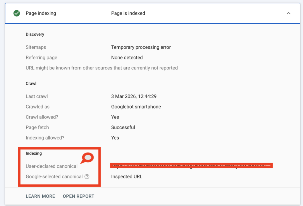 duplicate without user-selected canonical: Google Search Console showing user-declared canonical, and google selected canonical URL inspection
