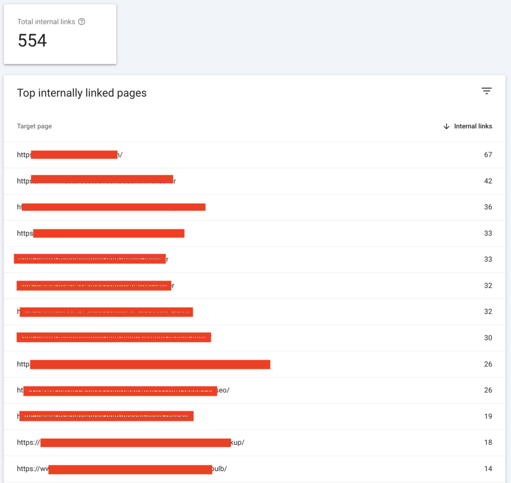 google search console internal links report showing top internally linked pages
