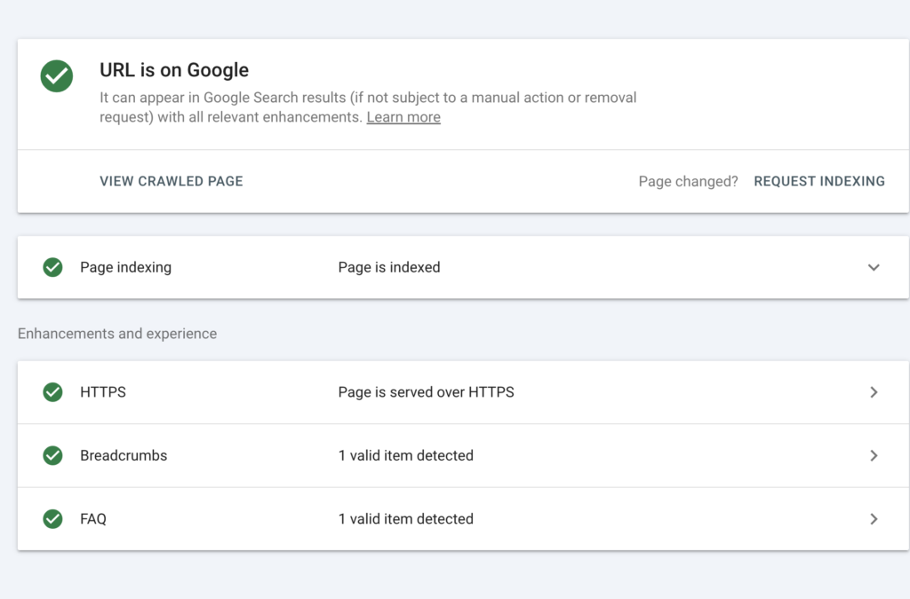 google search console url inspection showing page indexed and url is on google