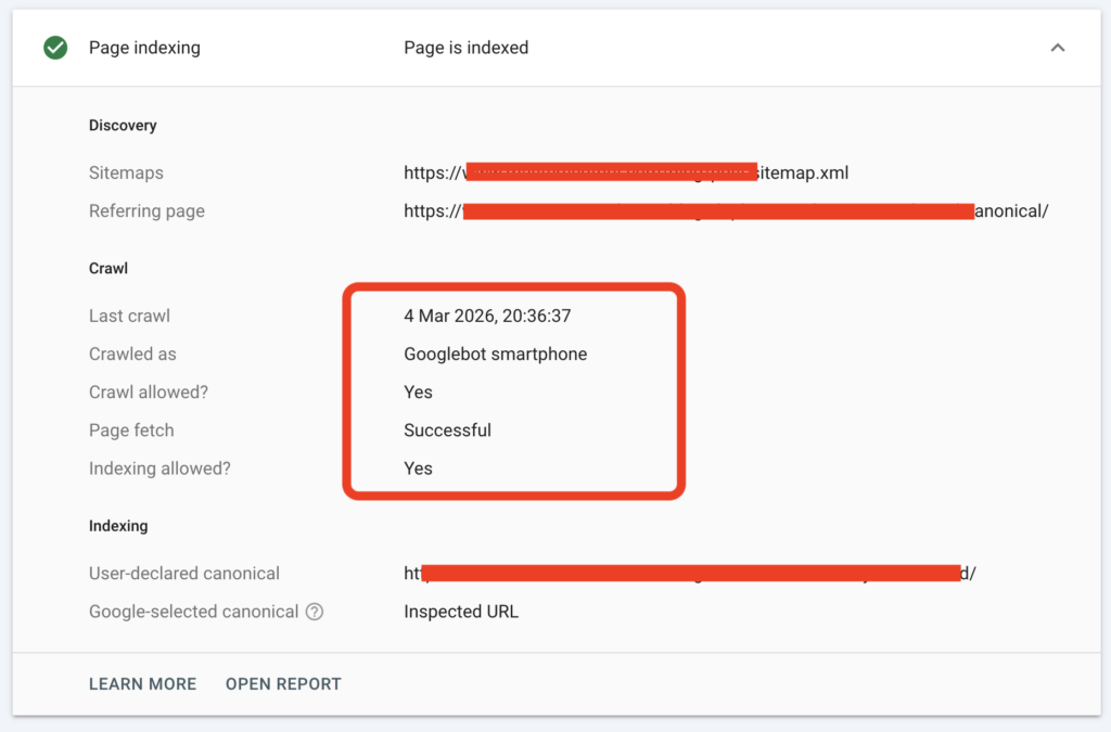 Test if Googlebot can access a page.
googlebot crawl details showing crawl allowed yes and page fetch successful in search console