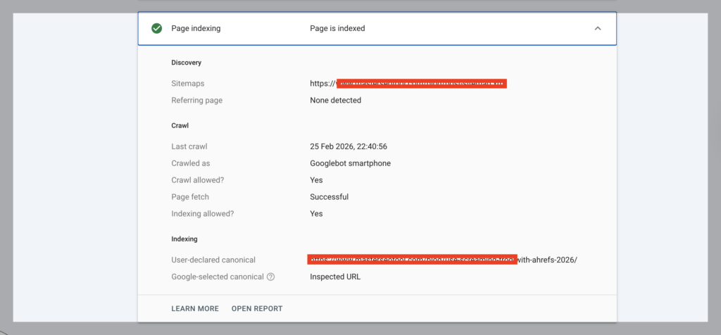 Google Search Console URL inspection showing Crawled – Currently Not Indexed result