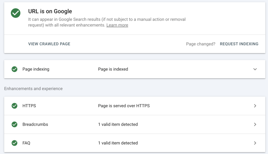 page indexed but no impressions url inspection page indexed example