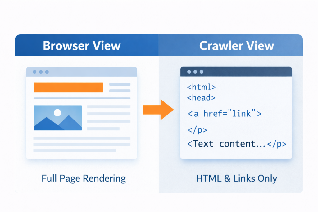 browser view vs crawler view showing how Googlebot reads HTML during crawl simulation.test if Googlebot can access a page