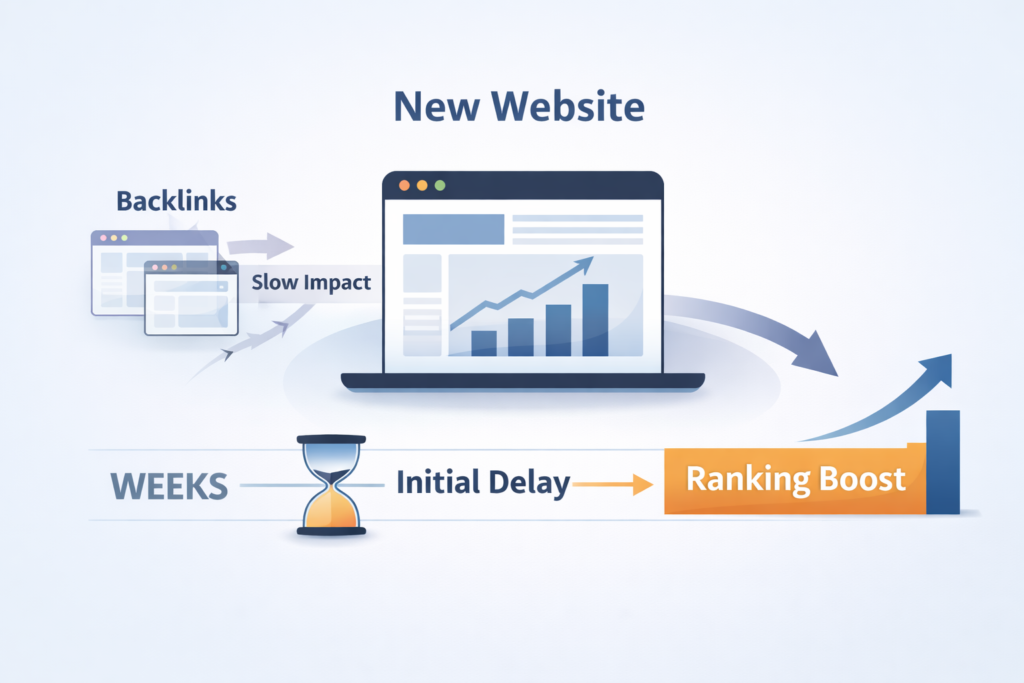 how long before backlinks affect ranking on a new website SEO delay and ranking boost illustration