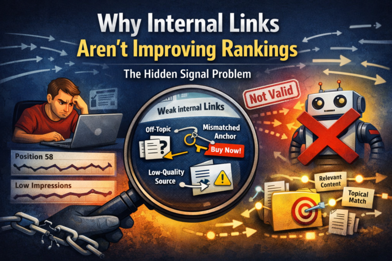 Internal links not improving ranking example showing weak internal link signals, mismatched anchor text, low impressions, and Google rejecting link value