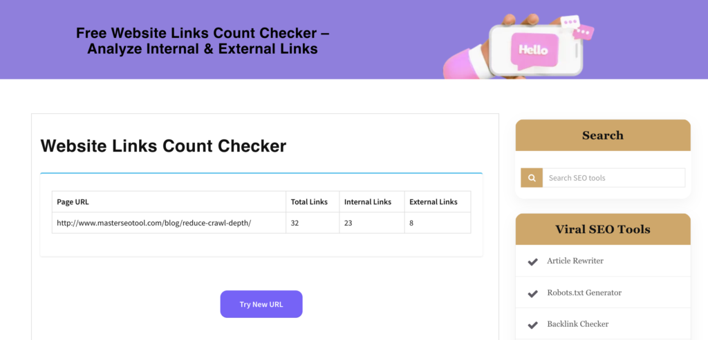 internal links per page example using website links count checker showing total, internal, and external links