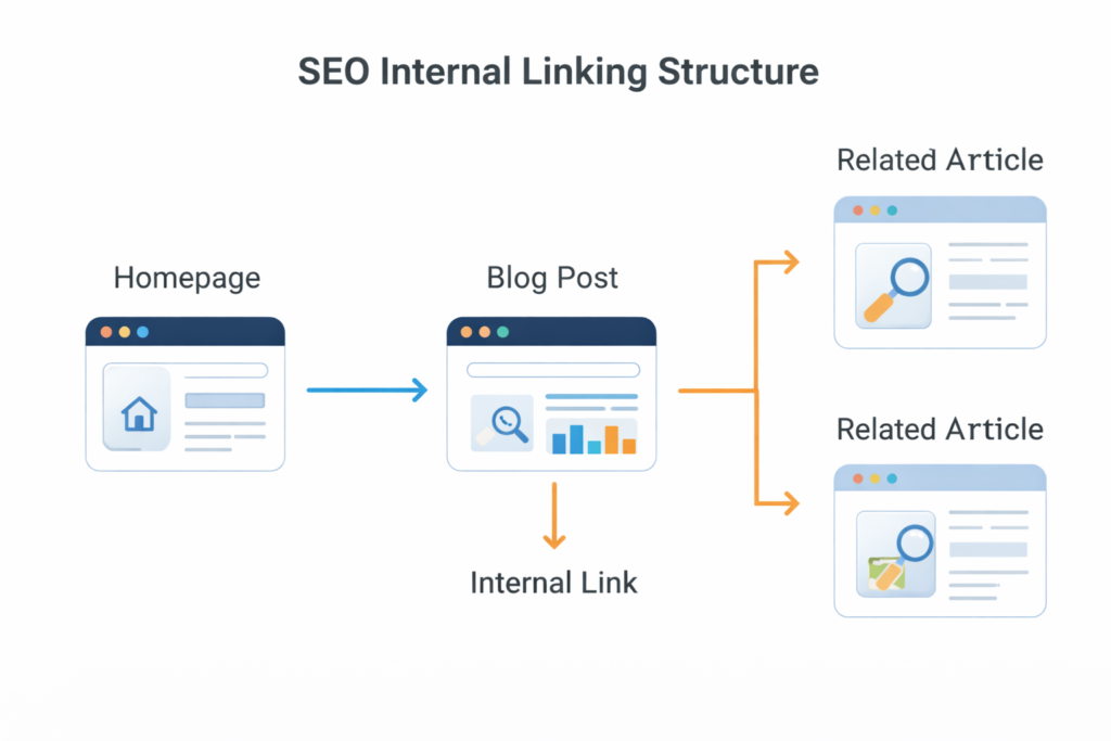 seo internal linking structure diagram showing homepage blog post and related pages connected with internal links